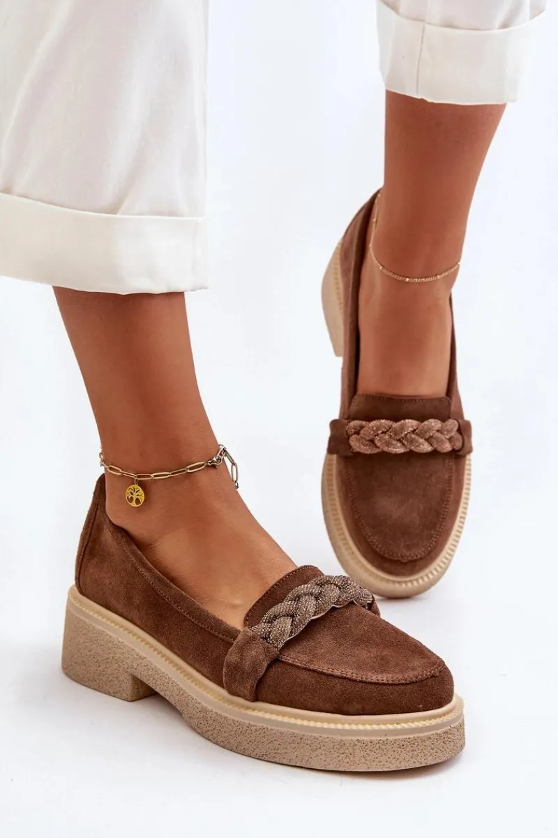 Sale 3429/W Damskie Zamszowe Mokasyny Z Ozdobą Brązowe Damskie Loafersy Damskie|Mokasyny Płaskie