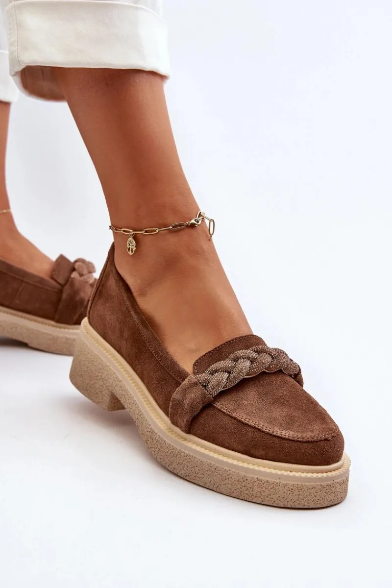 Sale 3429/W Damskie Zamszowe Mokasyny Z Ozdobą Brązowe Damskie Loafersy Damskie|Mokasyny Płaskie