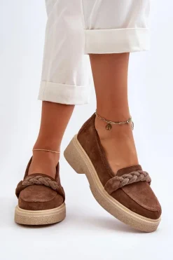 Sale 3429/W Damskie Zamszowe Mokasyny Z Ozdobą Brązowe Damskie Loafersy Damskie|Mokasyny Płaskie