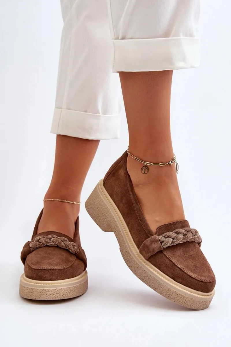 Sale 3429/W Damskie Zamszowe Mokasyny Z Ozdobą Brązowe Damskie Loafersy Damskie|Mokasyny Płaskie