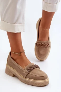 3429/W Damskie Zamszowe Mokasyny Z Ozdobą Beżowe Damskie Loafersy Damskie|Mokasyny Płaskie