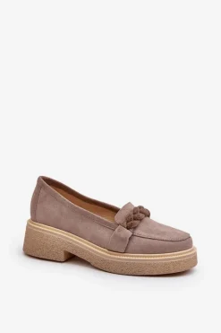 Zazoo 3429/W Damskie Zamszowe Mokasyny Z Ozdobą Cappuccino Beżowy