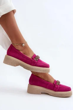 Loafersy Damskie|Mokasyny Płaskie>Zazoo 3429/W Damskie Zamszowe Mokasyny Z Ozdobą Fuksja Różowy