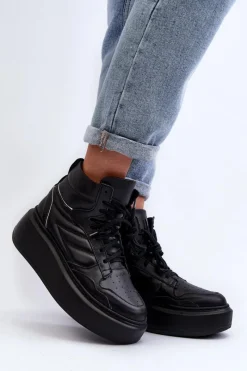 Best Zazoo 3392/X Damskie Skórzane Buty Sportowe Na Platformie Czarne Czarny