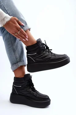 Best Zazoo 3392/X Damskie Skórzane Buty Sportowe Na Platformie Czarne Czarny