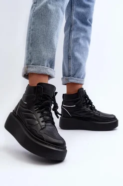 Best Zazoo 3392/X Damskie Skórzane Buty Sportowe Na Platformie Czarne Czarny