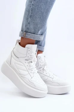 Best Zazoo 3392/X Damskie Skórzane Buty Sportowe Na Platformie Białe Biały