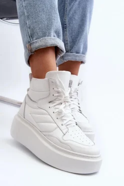 Best Zazoo 3392/X Damskie Skórzane Buty Sportowe Na Platformie Białe Biały