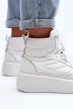 Best Zazoo 3392/X Damskie Skórzane Buty Sportowe Na Platformie Białe Biały
