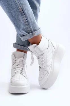 Best Zazoo 3392/X Damskie Skórzane Buty Sportowe Na Platformie Białe Biały