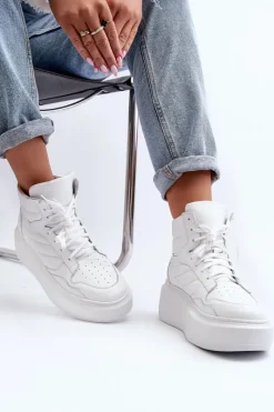 Best Zazoo 3392/X Damskie Skórzane Buty Sportowe Na Platformie Białe Biały