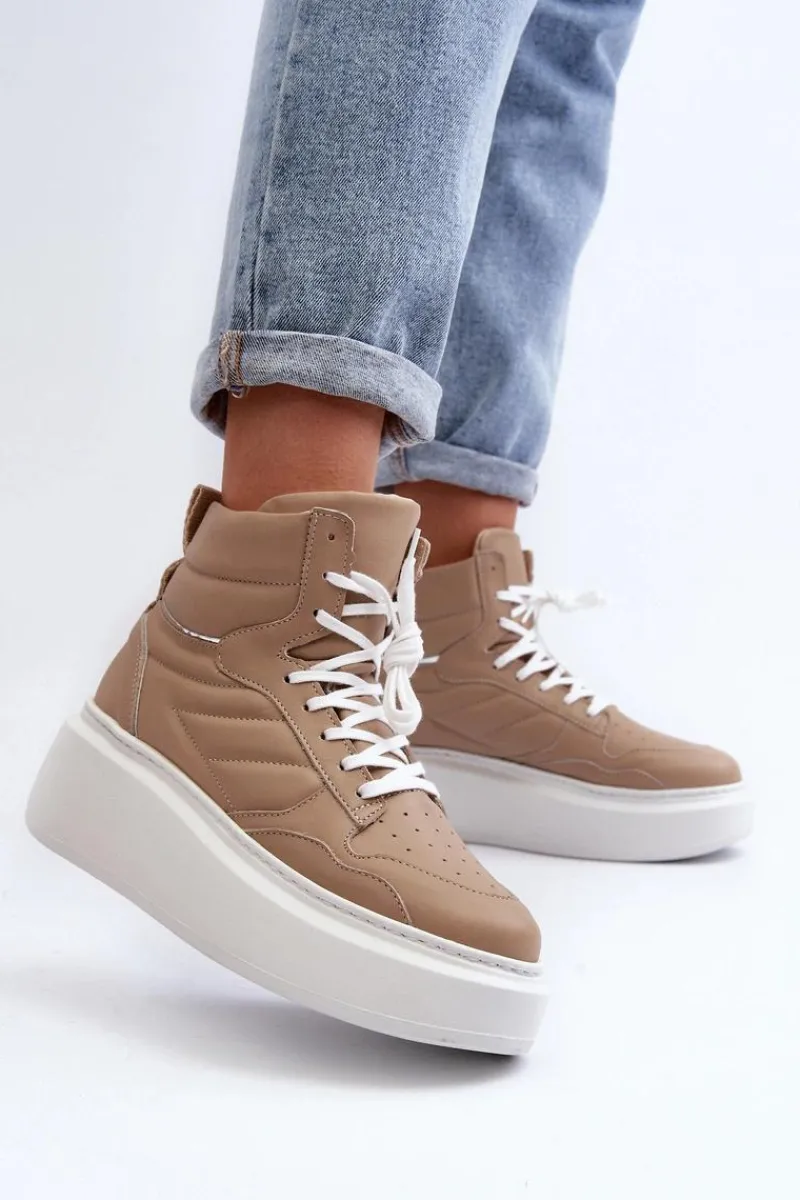 Sale 3392/X Damskie Skórzane Buty Sportowe Na Platformie Beżowe Damskie Sneakersy Damskie