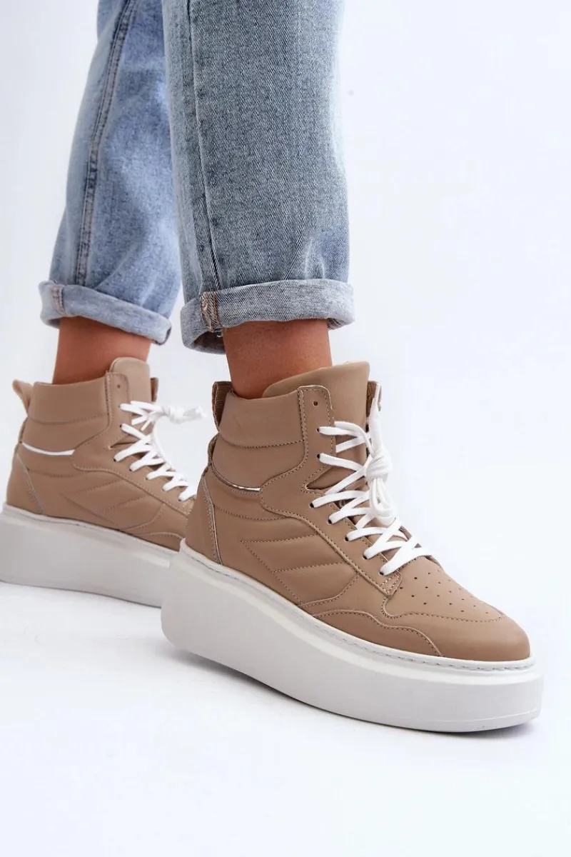 Sale 3392/X Damskie Skórzane Buty Sportowe Na Platformie Beżowe Damskie Sneakersy Damskie
