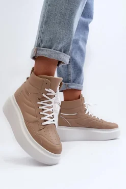 Sale 3392/X Damskie Skórzane Buty Sportowe Na Platformie Beżowe Damskie Sneakersy Damskie