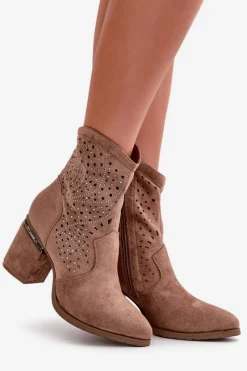 Sale Damskie buty S.Barski Zdobione Ażurowe Botki Damskie Na Słupku Z Eko Zamszu Brązowe S.Barski HY42-029 Brązowy