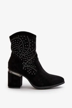 Hot Damskie buty S.Barski Zdobione Ażurowe Botki Damskie Na Słupku Z Eko Zamszu Czarne S.Barski HY42-029 Czarny