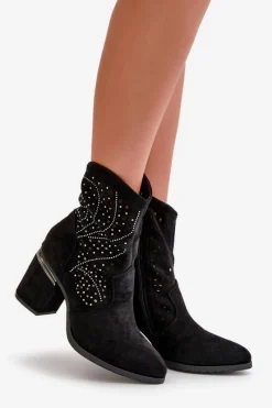 Hot Damskie buty S.Barski Zdobione Ażurowe Botki Damskie Na Słupku Z Eko Zamszu Czarne S.Barski HY42-029 Czarny