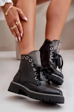 Best Zdobione Botki Damskie Eko Skórzane Ocieplane Czarne Rilatha Damskie Botki Sznurowane|Botki Płaskie