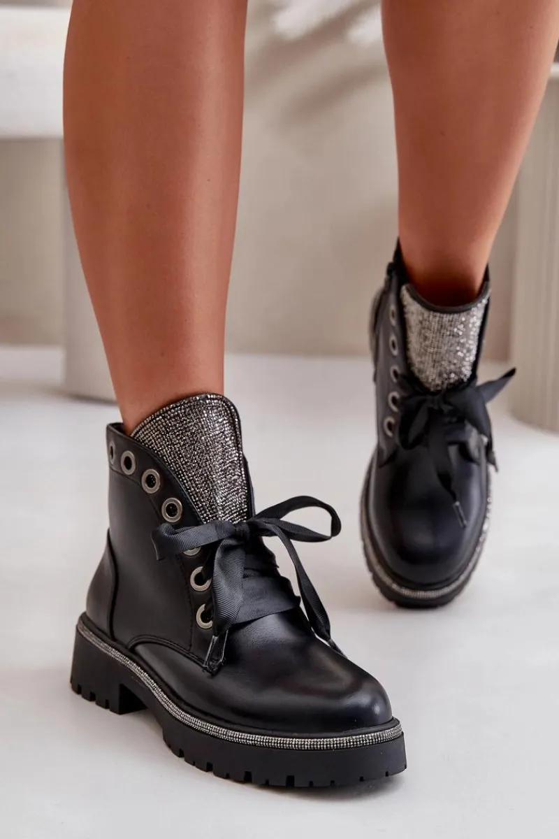 Best Zdobione Botki Damskie Eko Skórzane Ocieplane Czarne Rilatha Damskie Botki Sznurowane|Botki Płaskie