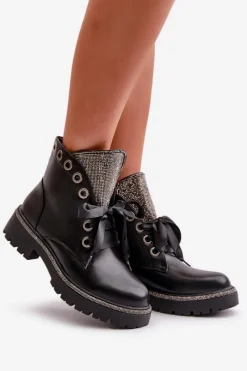 Best Zdobione Botki Damskie Eko Skórzane Ocieplane Czarne Rilatha Damskie Botki Sznurowane|Botki Płaskie
