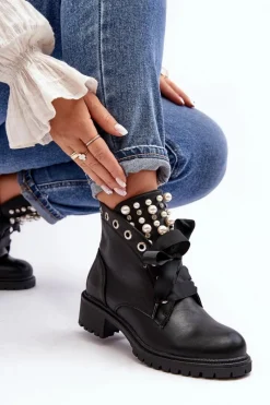 Hot Zdobione Botki Damskie Na Suwak Czarne Elonte Damskie Botki Sznurowane|Botki Zimowe Damskie