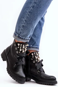 Hot Zdobione Botki Damskie Na Suwak Czarne Elonte Damskie Botki Sznurowane|Botki Zimowe Damskie