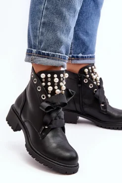 Hot Zdobione Botki Damskie Na Suwak Czarne Elonte Damskie Botki Sznurowane|Botki Zimowe Damskie