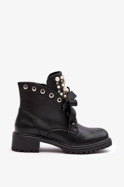 Hot Zdobione Botki Damskie Na Suwak Czarne Elonte Damskie Botki Sznurowane|Botki Zimowe Damskie