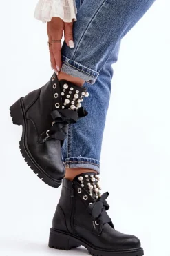 Hot Zdobione Botki Damskie Na Suwak Czarne Elonte Damskie Botki Sznurowane|Botki Zimowe Damskie