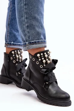 Hot Zdobione Botki Damskie Na Suwak Czarne Elonte Damskie Botki Sznurowane|Botki Zimowe Damskie