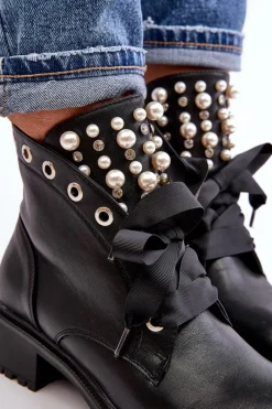 Hot Zdobione Botki Damskie Na Suwak Czarne Elonte Damskie Botki Sznurowane|Botki Zimowe Damskie