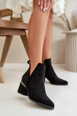 New Zdobione Botki Damskie Na Obcasie Z Noskami W Szpic Czarne Fararia Damskie Botki Na Obcasie|Botki Zamszowe