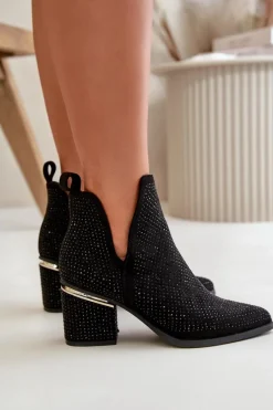 New Zdobione Botki Damskie Na Obcasie Z Noskami W Szpic Czarne Fararia Damskie Botki Na Obcasie|Botki Zamszowe