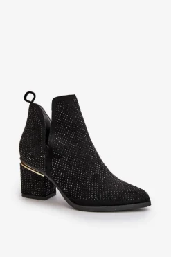 New Zdobione Botki Damskie Na Obcasie Z Noskami W Szpic Czarne Fararia Damskie Botki Na Obcasie|Botki Zamszowe