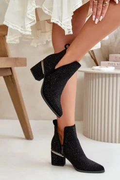 New Zdobione Botki Damskie Na Obcasie Z Noskami W Szpic Czarne Fararia Damskie Botki Na Obcasie|Botki Zamszowe