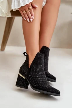 New Zdobione Botki Damskie Na Obcasie Z Noskami W Szpic Czarne Fararia Damskie Botki Na Obcasie|Botki Zamszowe