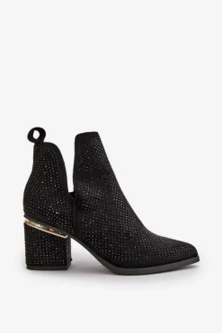 New Zdobione Botki Damskie Na Obcasie Z Noskami W Szpic Czarne Fararia Damskie Botki Na Obcasie|Botki Zamszowe