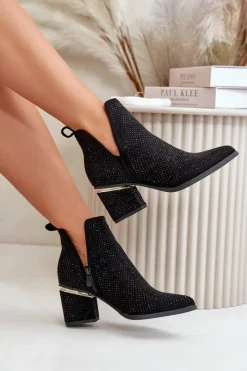 New Zdobione Botki Damskie Na Obcasie Z Noskami W Szpic Czarne Fararia Damskie Botki Na Obcasie|Botki Zamszowe