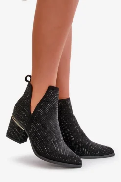 New Zdobione Botki Damskie Na Obcasie Z Noskami W Szpic Czarne Fararia Damskie Botki Na Obcasie|Botki Zamszowe