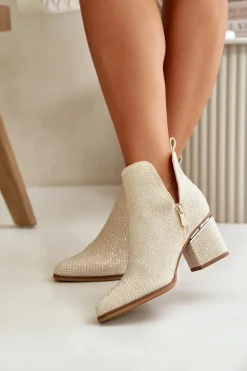 Best Boto Zdobione Botki Damskie Na Obcasie Z Noskami W Szpic Beżowe Fararia