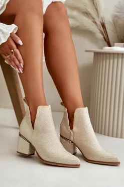 Best Boto Zdobione Botki Damskie Na Obcasie Z Noskami W Szpic Beżowe Fararia