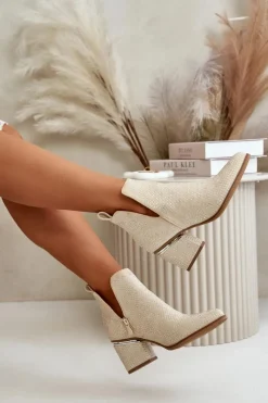 Best Boto Zdobione Botki Damskie Na Obcasie Z Noskami W Szpic Beżowe Fararia