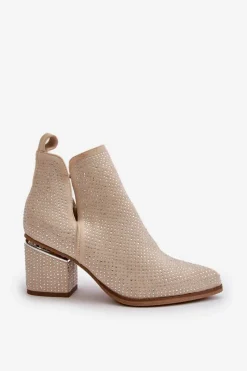 Best Boto Zdobione Botki Damskie Na Obcasie Z Noskami W Szpic Beżowe Fararia