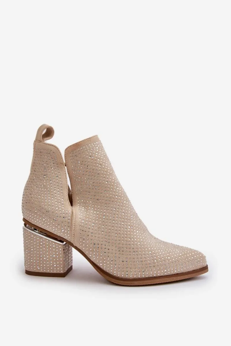 Best Boto Zdobione Botki Damskie Na Obcasie Z Noskami W Szpic Beżowe Fararia