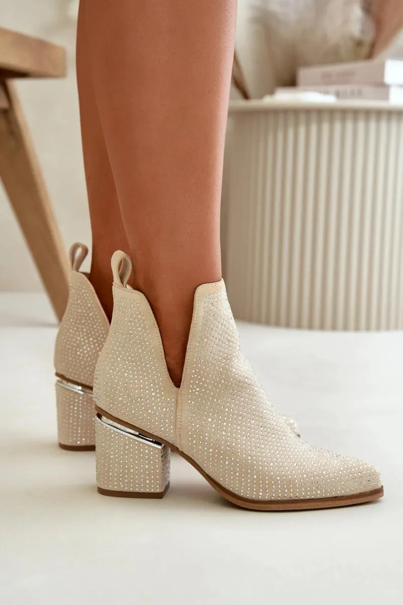 Best Boto Zdobione Botki Damskie Na Obcasie Z Noskami W Szpic Beżowe Fararia