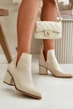 Best Boto Zdobione Botki Damskie Na Obcasie Z Noskami W Szpic Beżowe Fararia