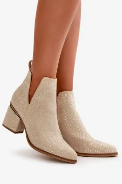 Best Boto Zdobione Botki Damskie Na Obcasie Z Noskami W Szpic Beżowe Fararia