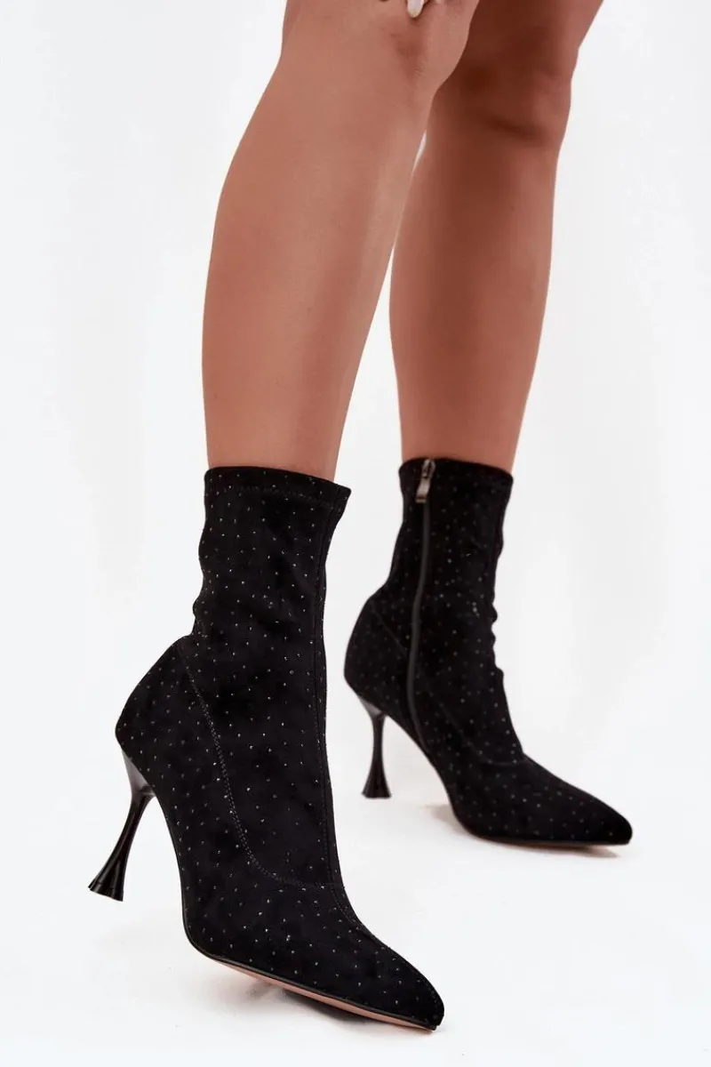 Hot Zdobione Botki Damskie Na Szpilce JC52-882 Czarne Damskie Botki Na Obcasie|Botki Zamszowe