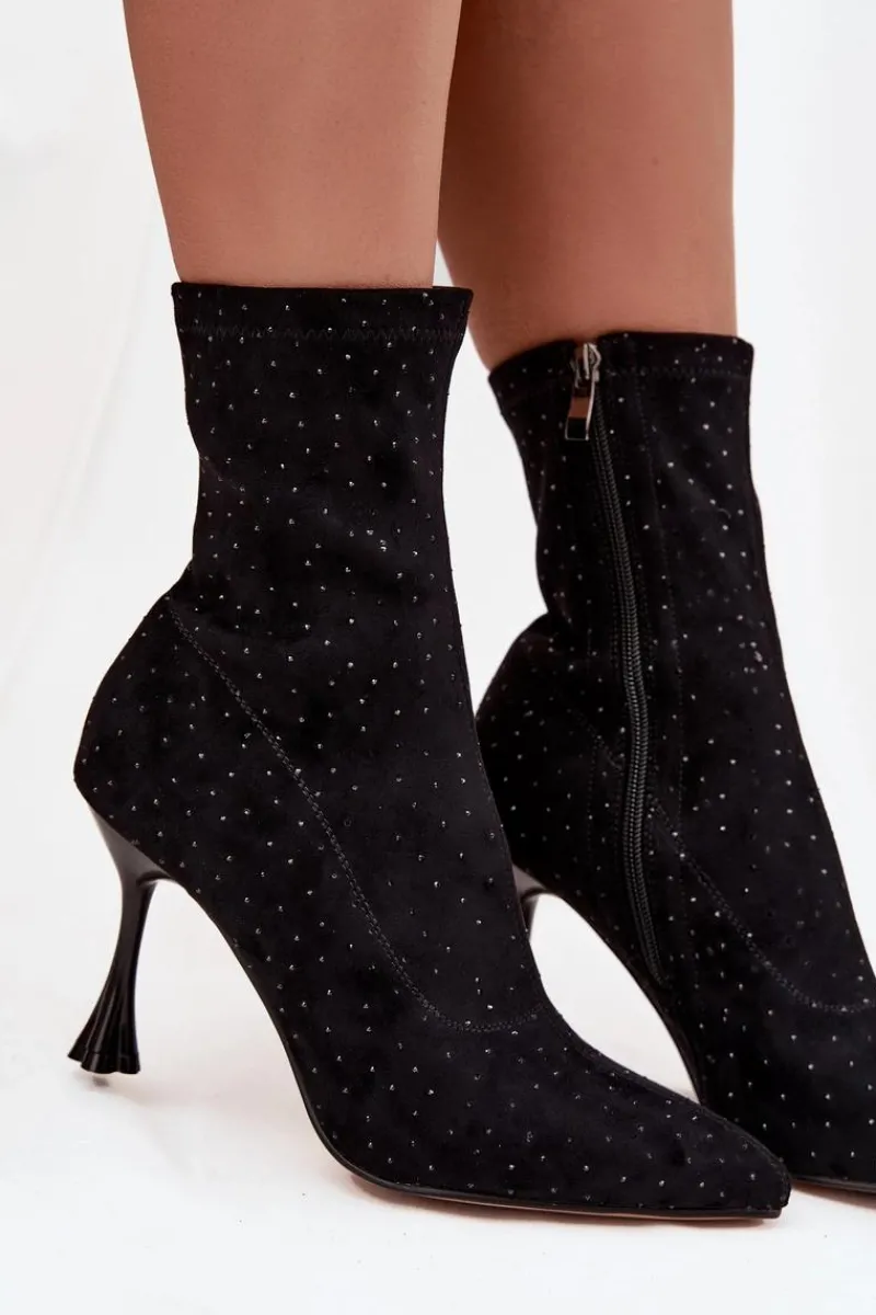 Hot Zdobione Botki Damskie Na Szpilce JC52-882 Czarne Damskie Botki Na Obcasie|Botki Zamszowe