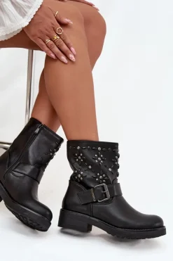 Sale Zdobione Botki Damskie Z Klamrą Czarne Mivana Damskie Botki Ocieplane|Czarne Botki